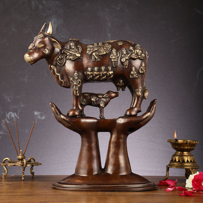 Brass Superfine Kamadhenu Cow with Calf Idol large 18"