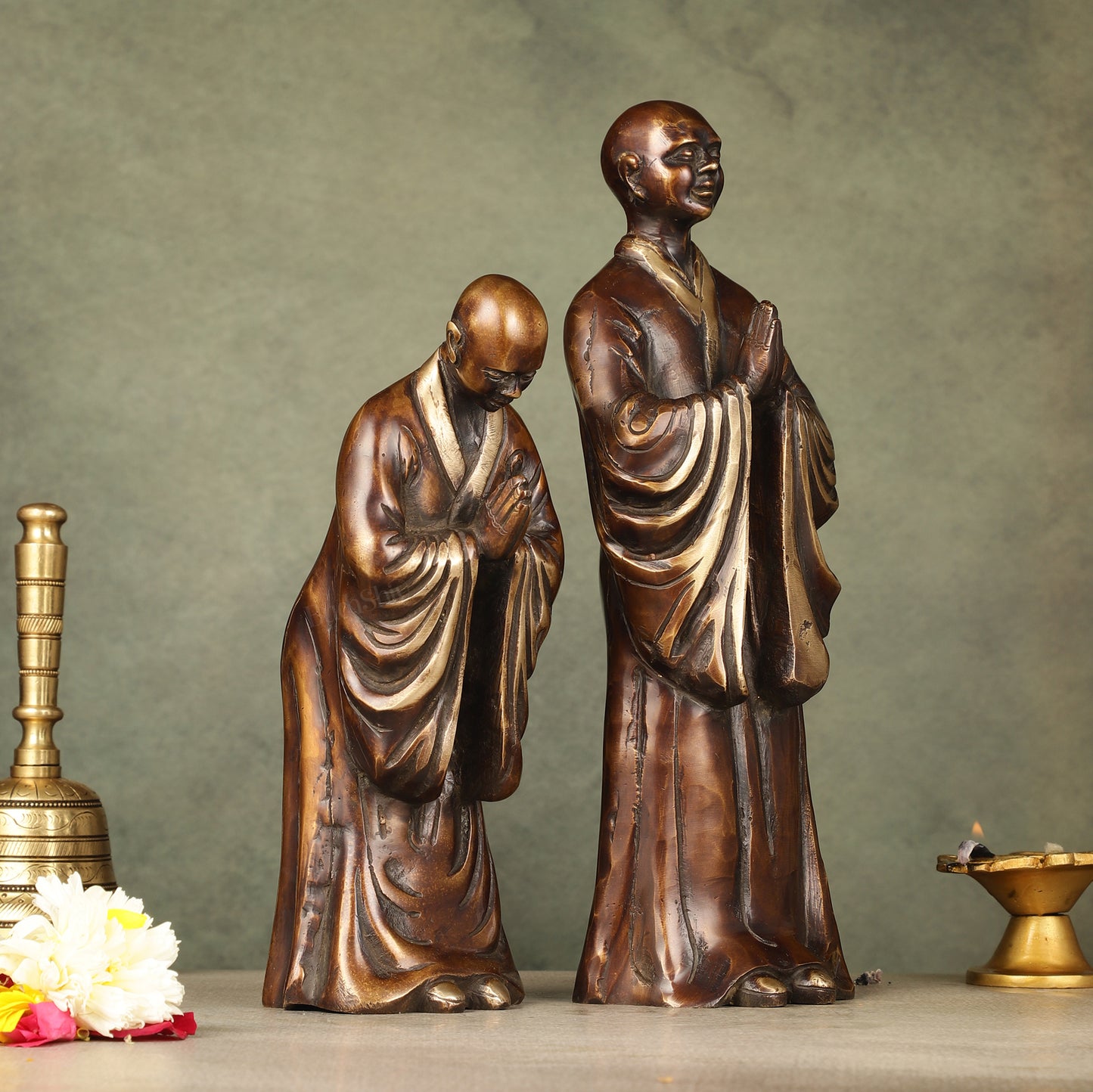 Pure Brass Peaceful Buddha Monk and Disciple Idol Set - 12 Inch