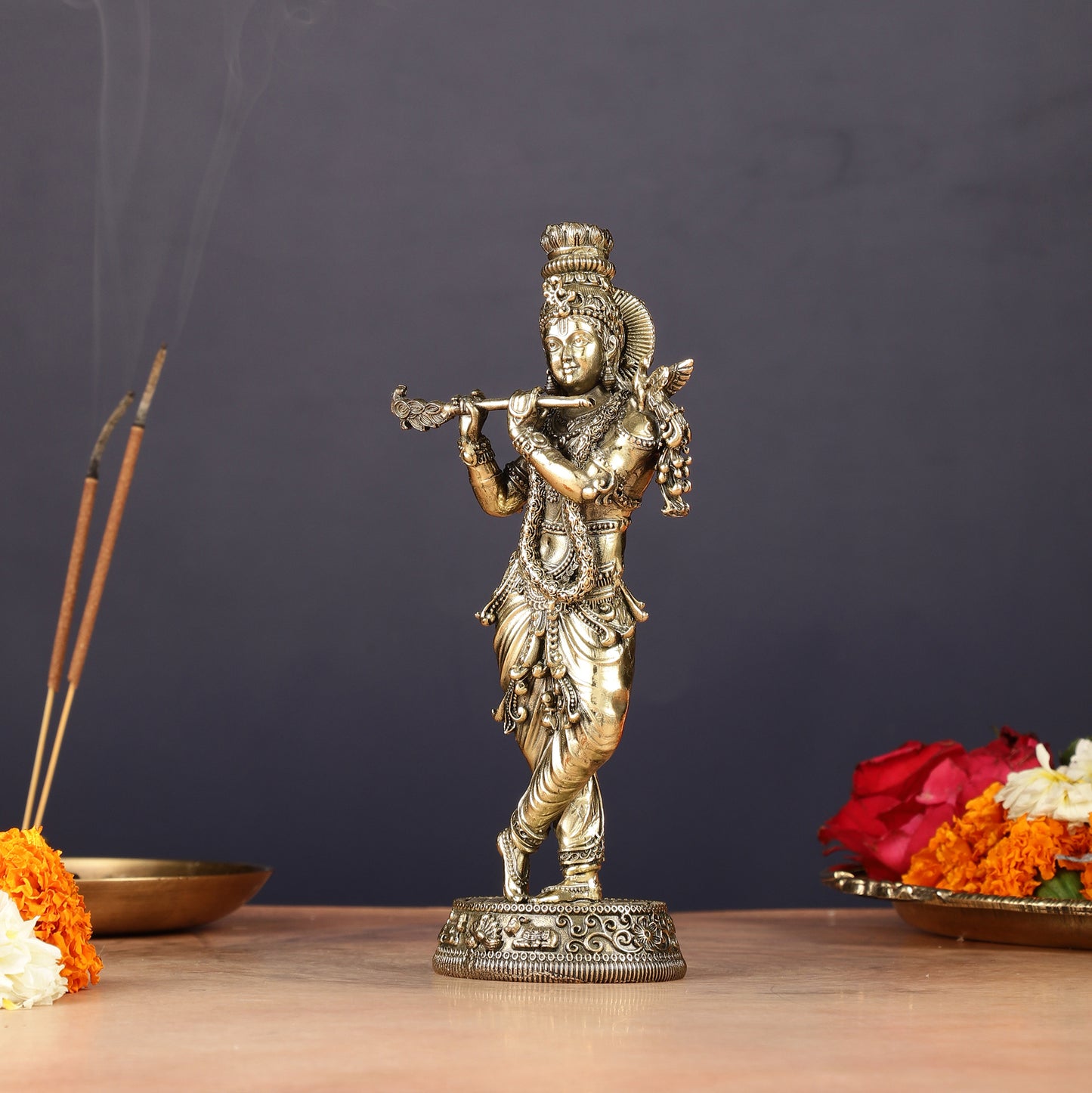 Intricate Pure Brass Lord Krishna Statue - 6.5"