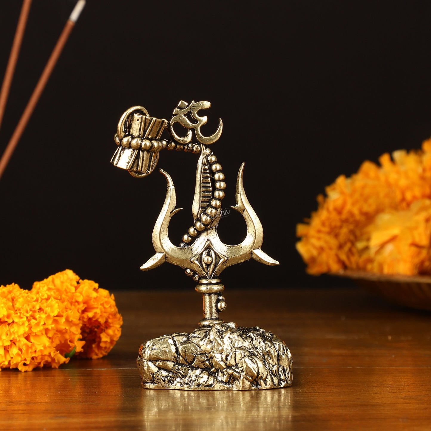 Intricate Brass Lord Shiva Symbol for Car Dashboard or Gifting - 2.5"