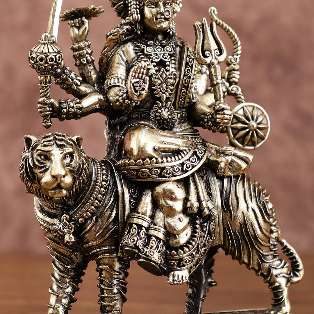 Brass Superfine Durga on Tiger Idol with Engraved Base – 7 Inches