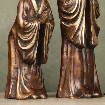 Pure Brass Peaceful Buddha Monk and Disciple Idol Set - 12 Inch