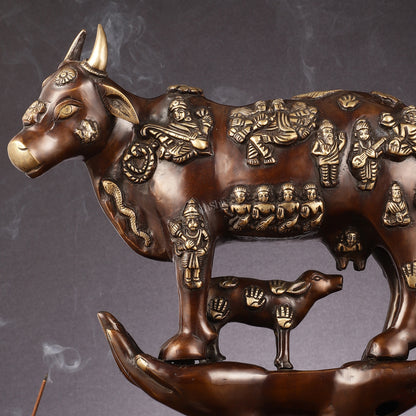 Brass Superfine Kamadhenu Cow with Calf Idol large 18"