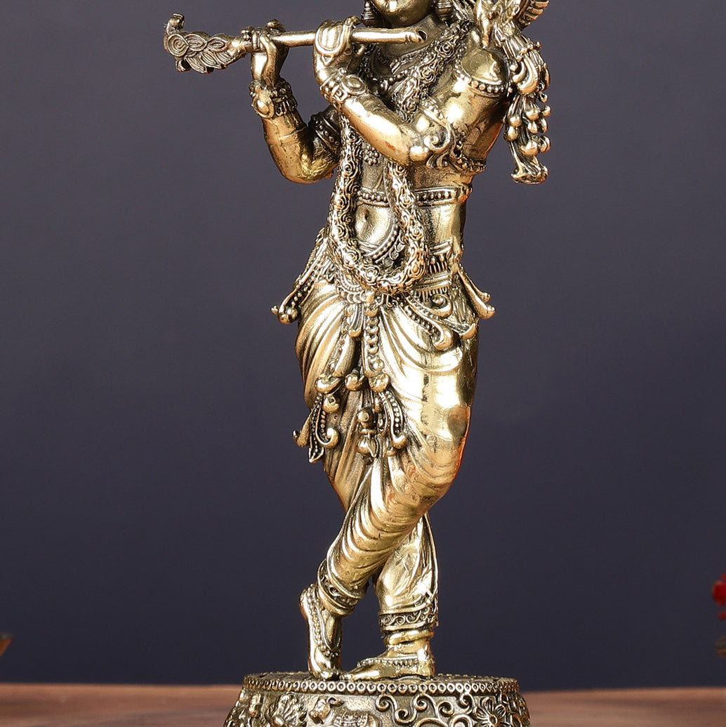 Intricate Pure Brass Lord Krishna Statue - 6.5"