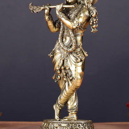 Intricate Pure Brass Lord Krishna Statue - 6.5"