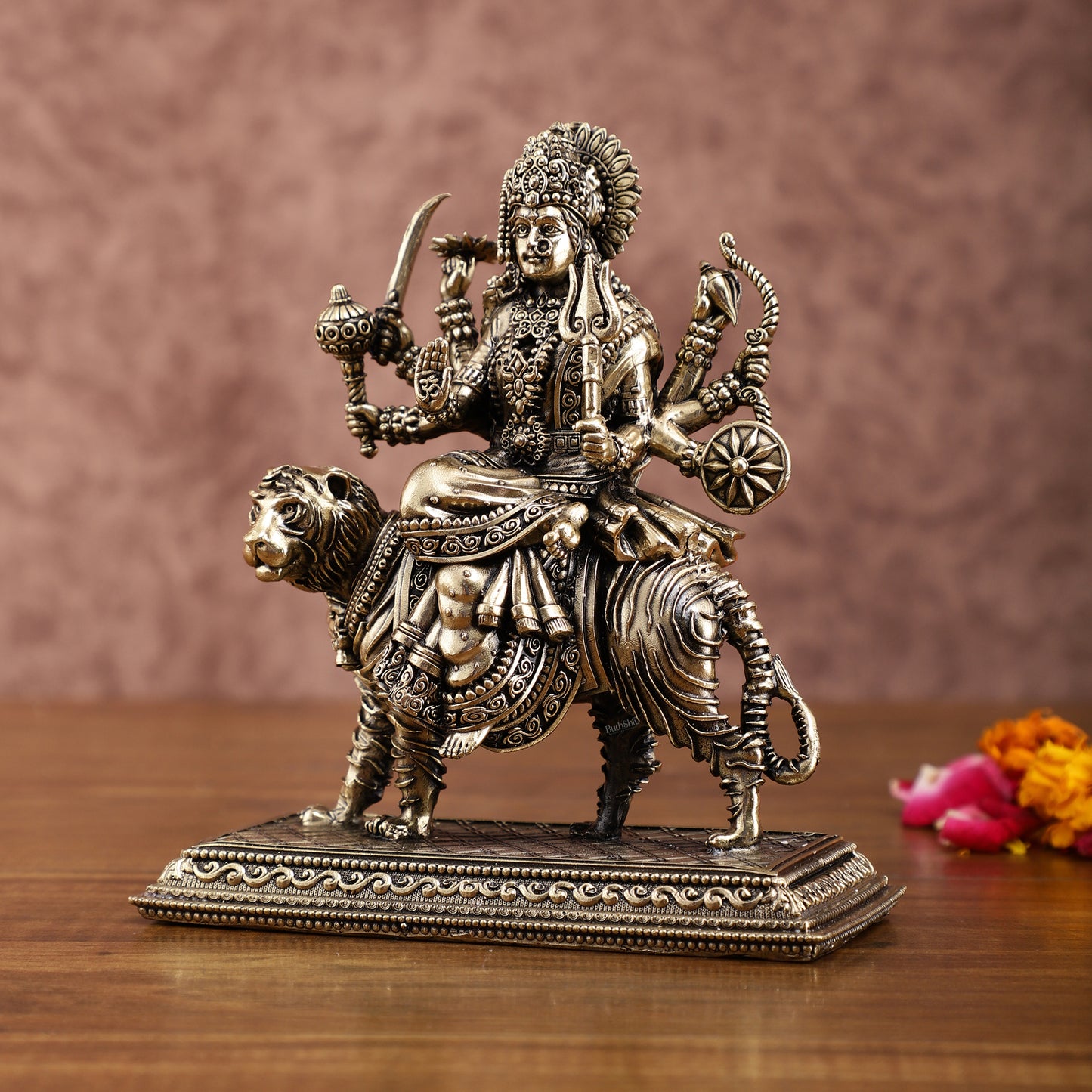 Brass Superfine Durga on Tiger Idol with Engraved Base – 7 Inches