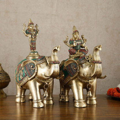 Brass Superfine Pair of Elephants with Goddess Lakshmi and Lord Tirupati Balaji Engravings - 15 Inch