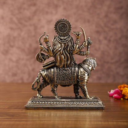 Brass Superfine Durga on Tiger Idol with Engraved Base – 7 Inches