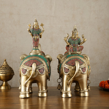 Brass Superfine Pair of Elephants with Goddess Lakshmi and Lord Tirupati Balaji Engravings - 15 Inch