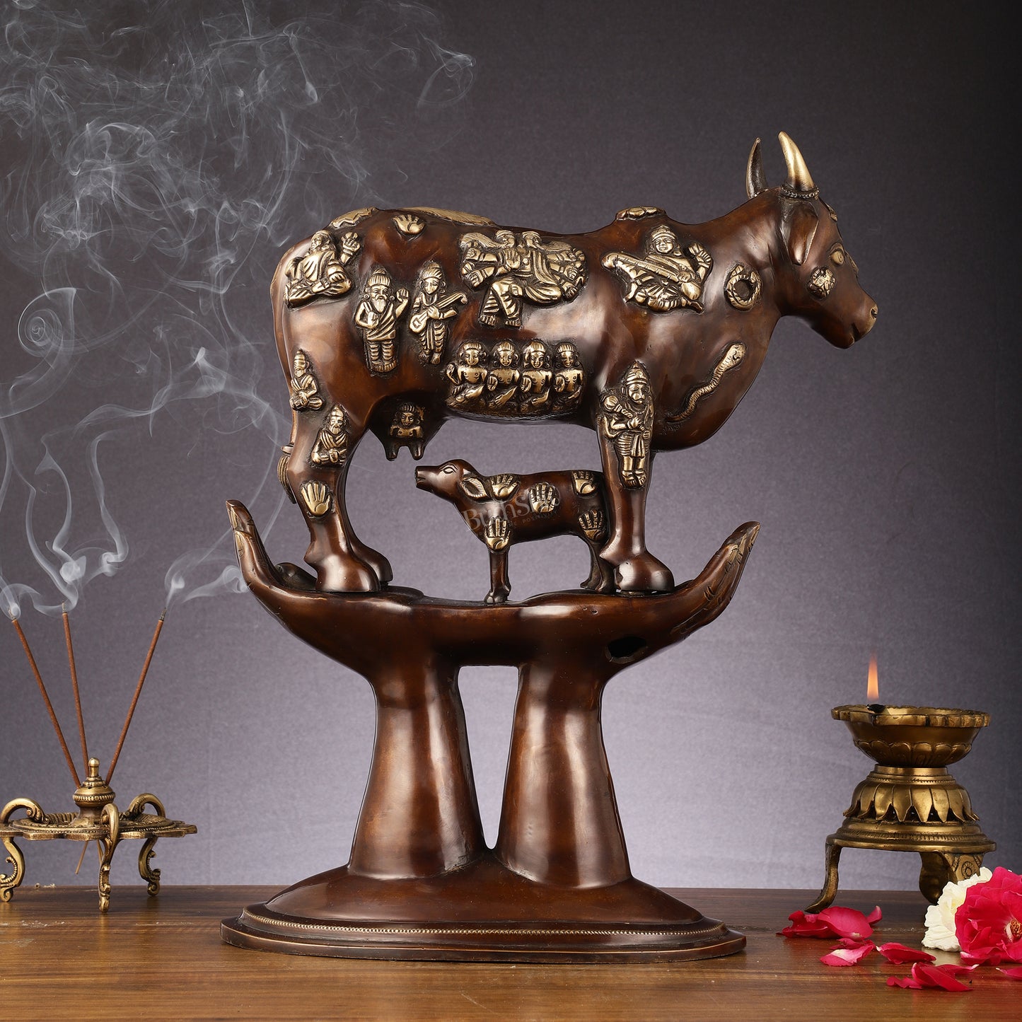 Brass Superfine Kamadhenu Cow with Calf Idol large 18"