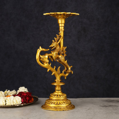 Pure Brass Yali Candle Holder 9"