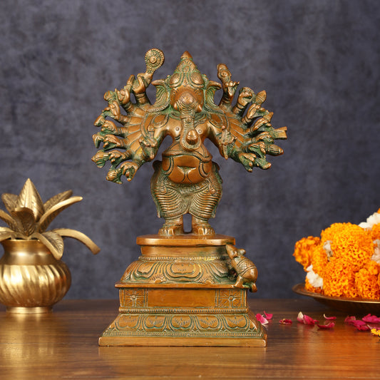 Superfine Brass Standing Lord Ganesha Idol with 16 Arms - 8.5" Antique Bronze Tone