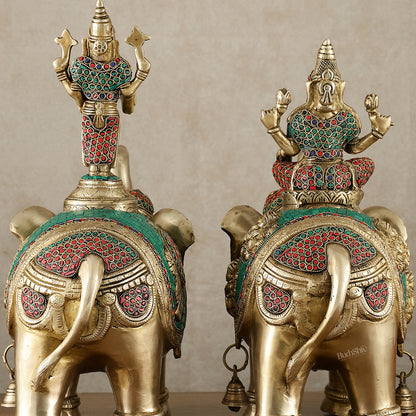 Brass Superfine Pair of Elephants with Goddess Lakshmi and Lord Tirupati Balaji Engravings - 15 Inch