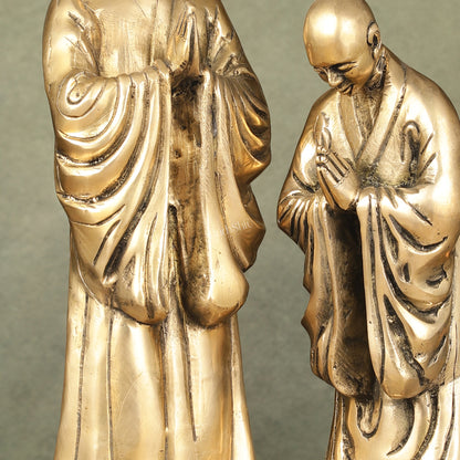 Pure Brass Peaceful Buddha Monk and Disciple Idol Set - 12 Inch