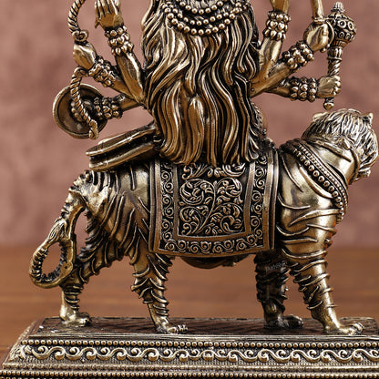 Brass Superfine Durga on Tiger Idol with Engraved Base – 7 Inches