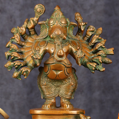 Superfine Brass Standing Lord Ganesha Idol with 16 Arms - 8.5" Antique Bronze Tone