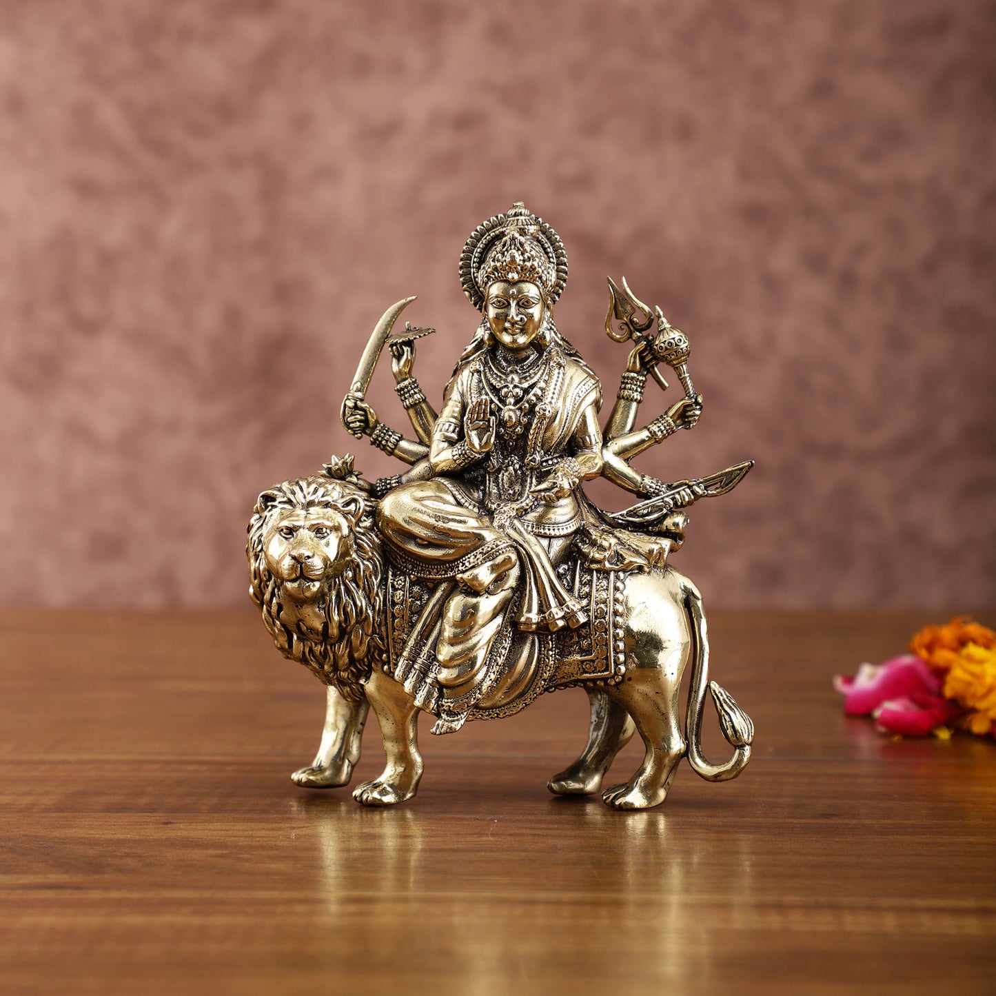 Brass Durga on Lion Idol – 6 Inches, Superfine Lightweight