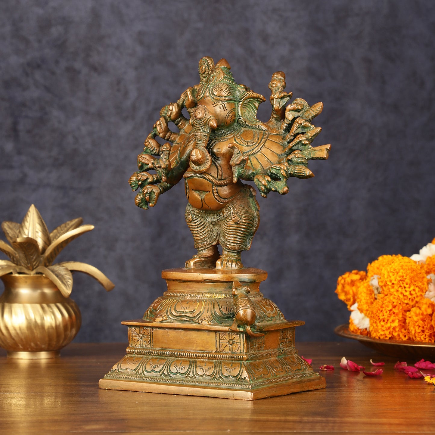 Superfine Brass Standing Lord Ganesha Idol with 16 Arms - 8.5" Antique Bronze Tone