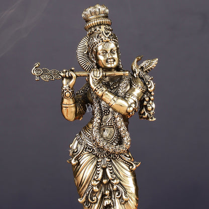 Intricate Pure Brass Lord Krishna Statue - 7.5"