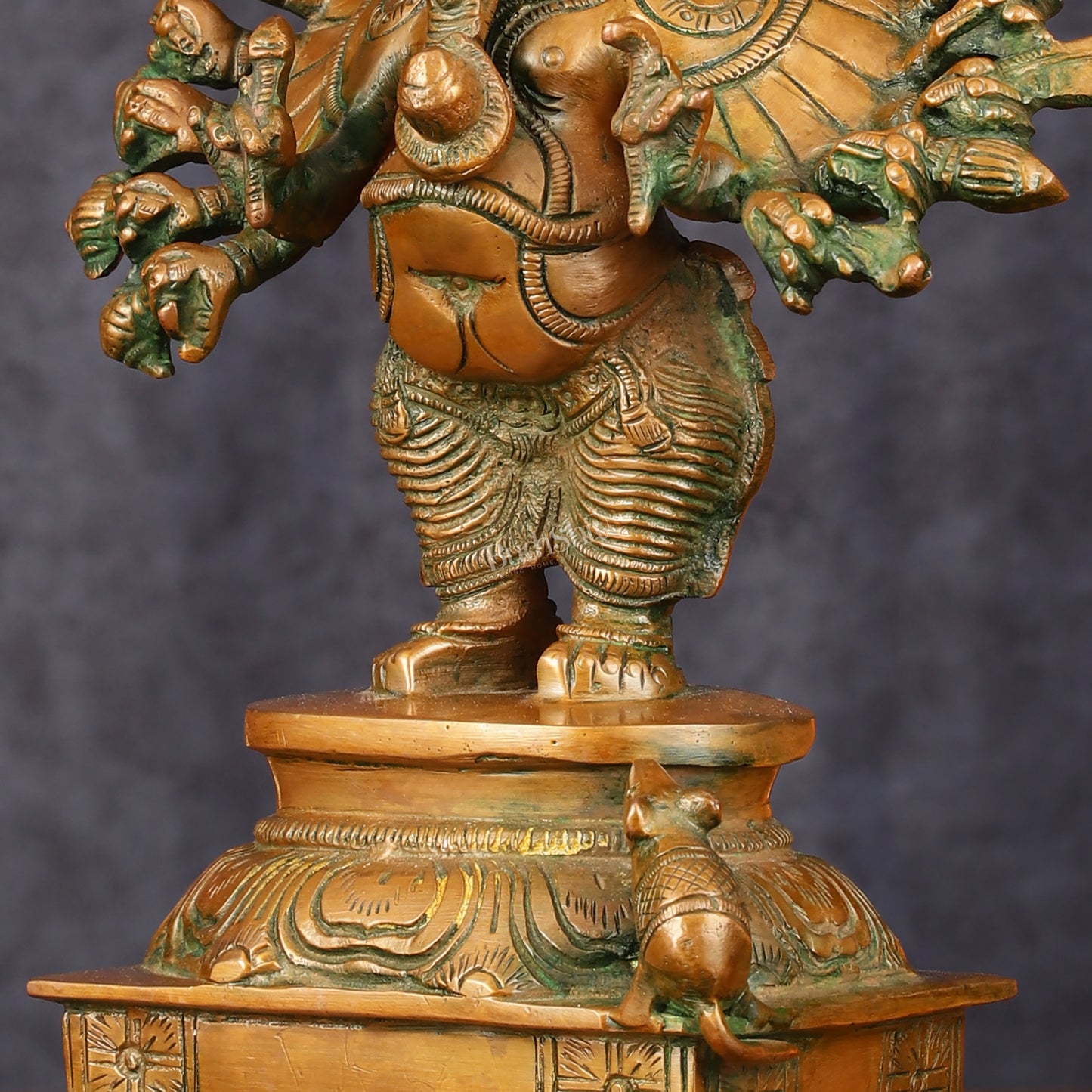 Superfine Brass Standing Lord Ganesha Idol with 16 Arms - 8.5" Antique Bronze Tone