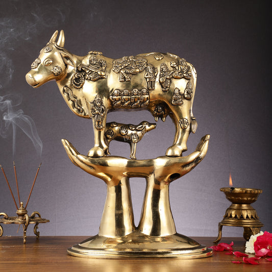 Brass Superfine Kamadhenu Cow with Calf Idol large 18" golden tone