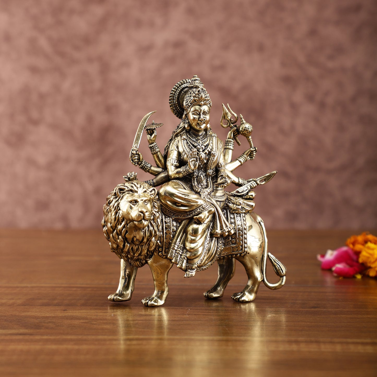 Brass Durga on Lion Idol – 6 Inches, Superfine Lightweight