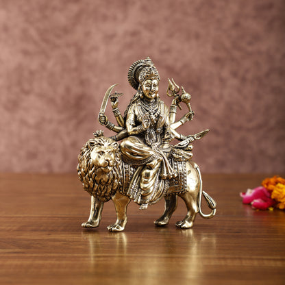 Brass Durga on Lion Idol – 6 Inches, Superfine Lightweight