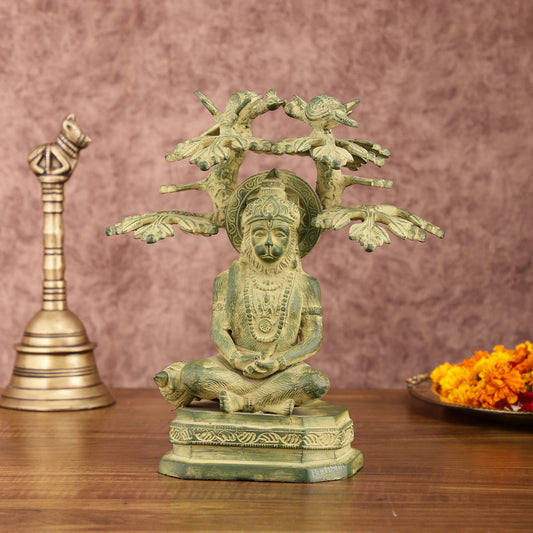 Brass Meditative Hanuman Statue Under Tree | Antique Green Patina | 10 Inch