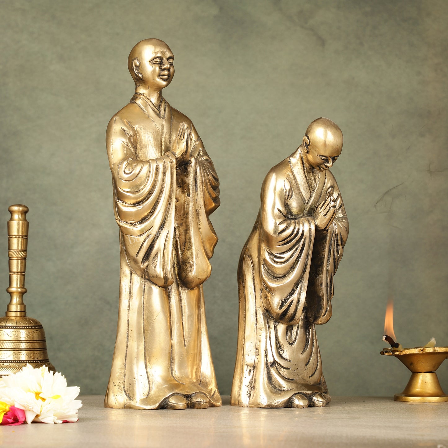 Pure Brass Peaceful Buddha Monk and Disciple Idol Set - 12 Inch