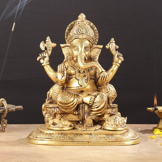 Exquisite Pure Brass Superfine Lord Ganesha Idol - 9"