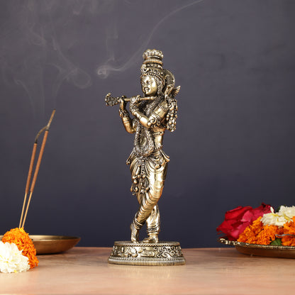 Intricate Pure Brass Lord Krishna Statue - 7.5"