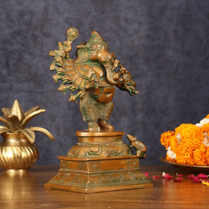 Superfine Brass Standing Lord Ganesha Idol with 16 Arms - 8.5" Antique Bronze Tone