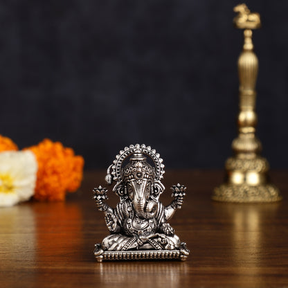 Brass silver plated Miniature Dagduseth Ganapati Idol - 2 Inch