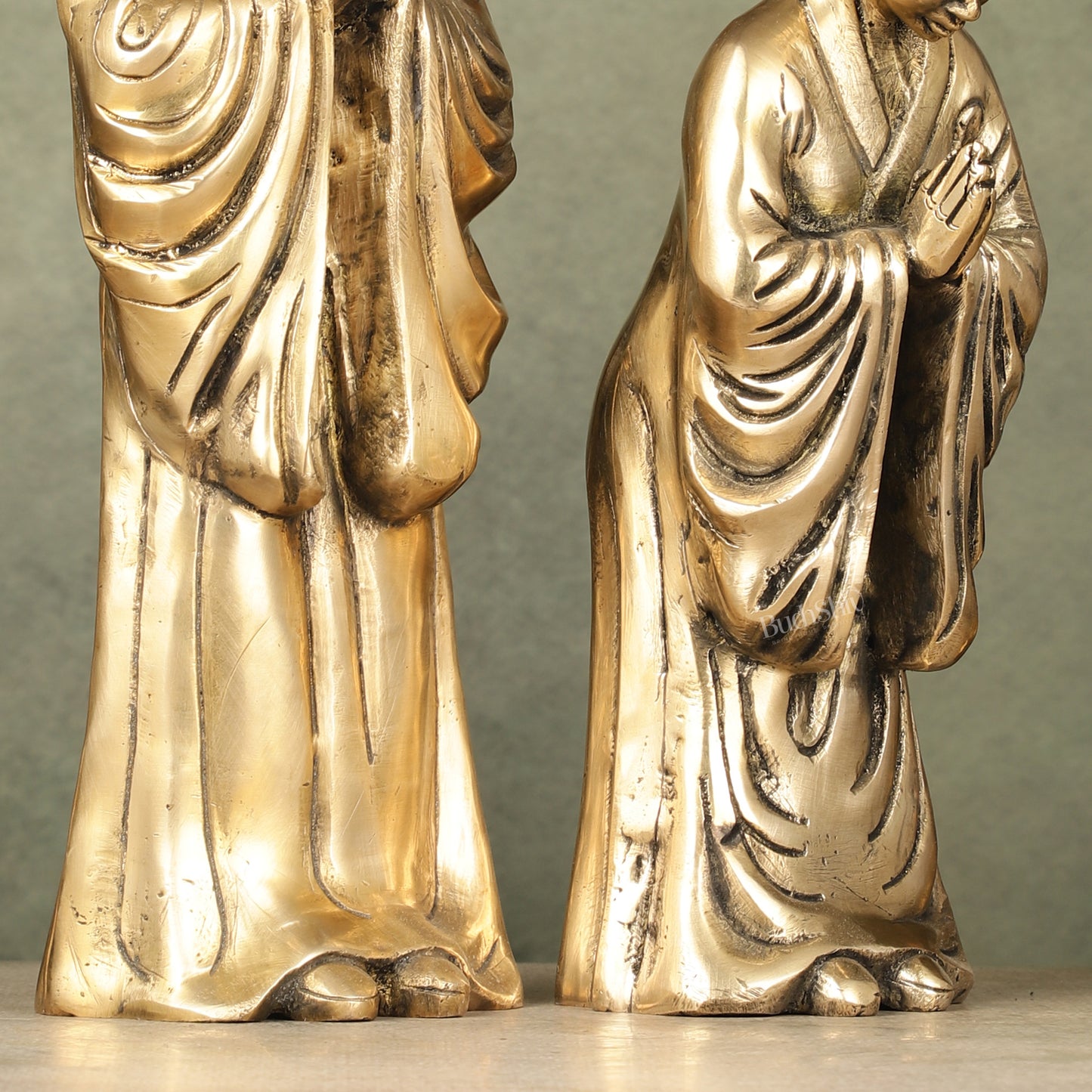 Pure Brass Peaceful Buddha Monk and Disciple Idol Set - 12 Inch