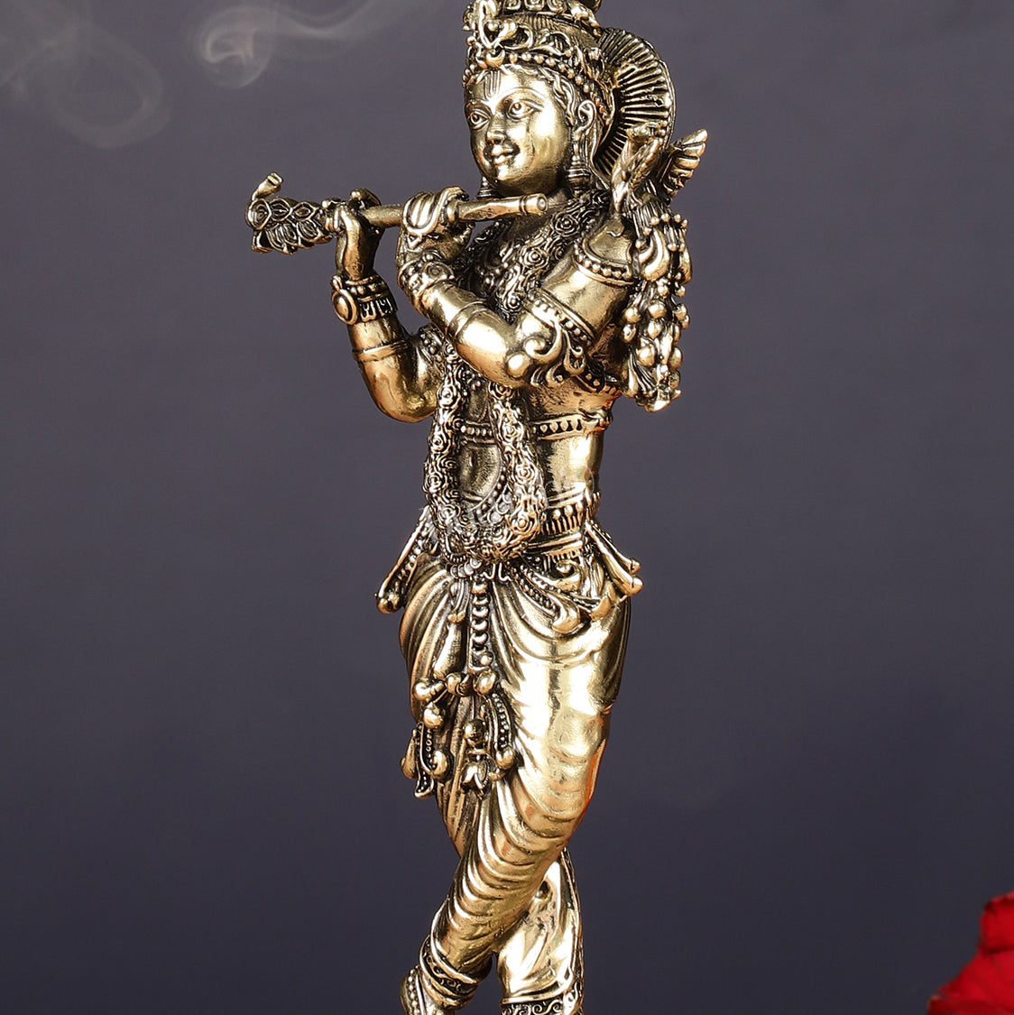 Intricate Pure Brass Lord Krishna Statue - 7.5"