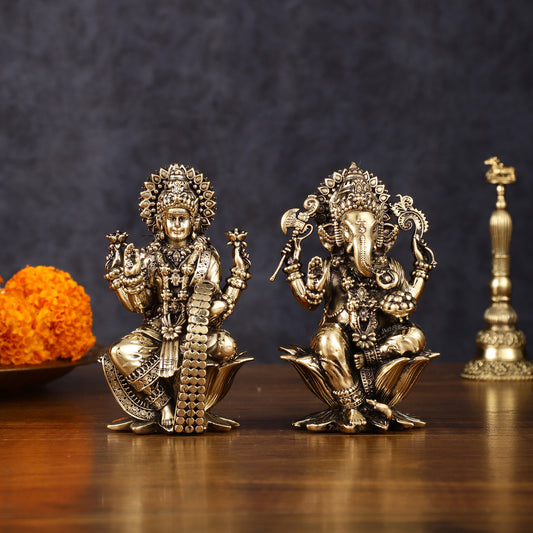 Brass Superfine Ganesh Lakshmi Idols - 4 Inch