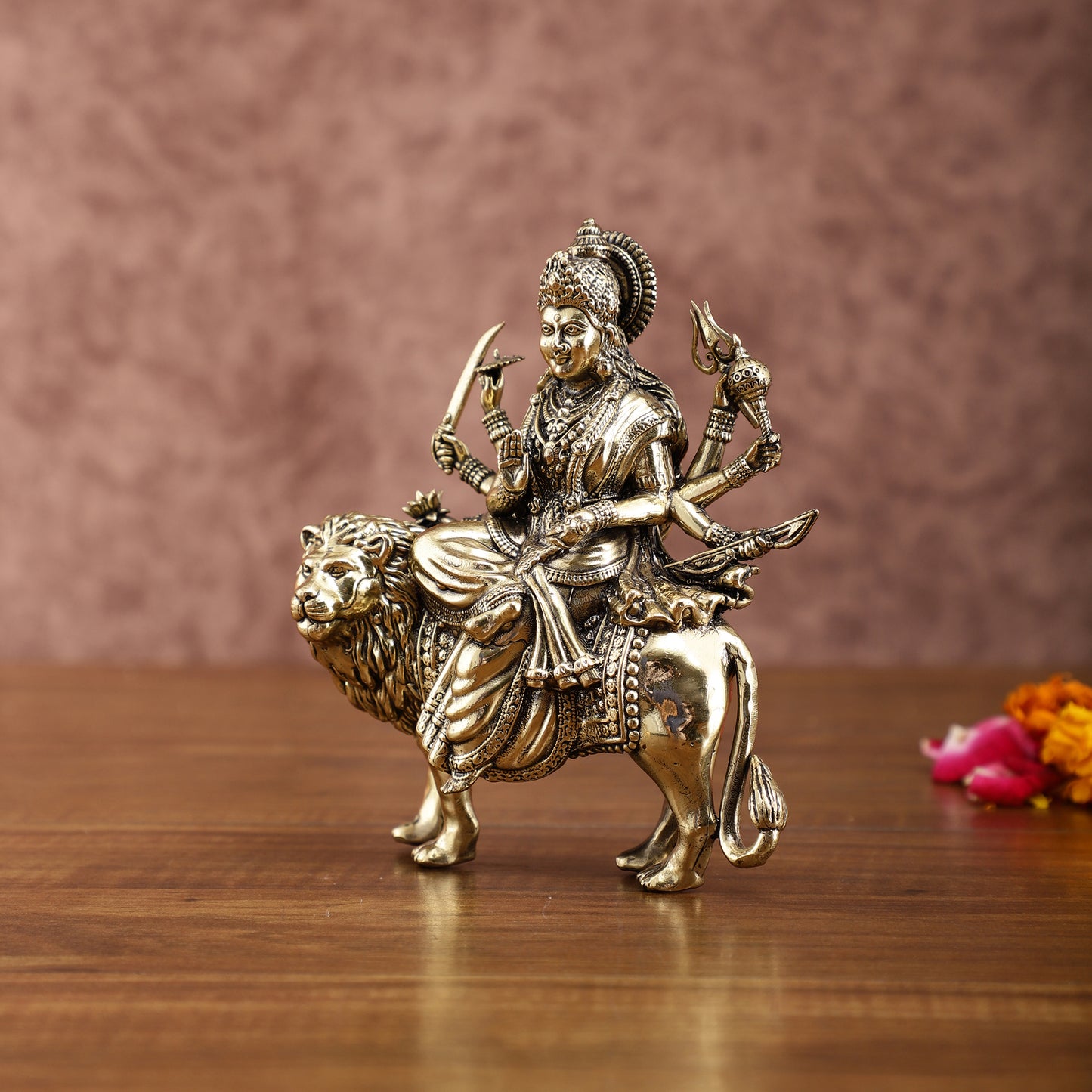 Brass Durga on Lion Idol – 6 Inches, Superfine Lightweight