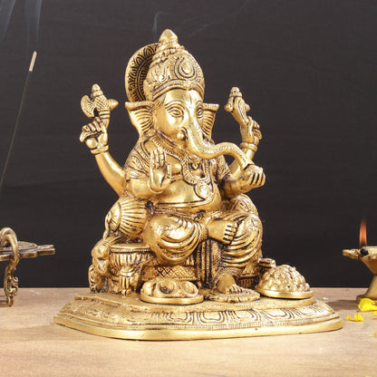 Exquisite Pure Brass Superfine Lord Ganesha Idol - 9"