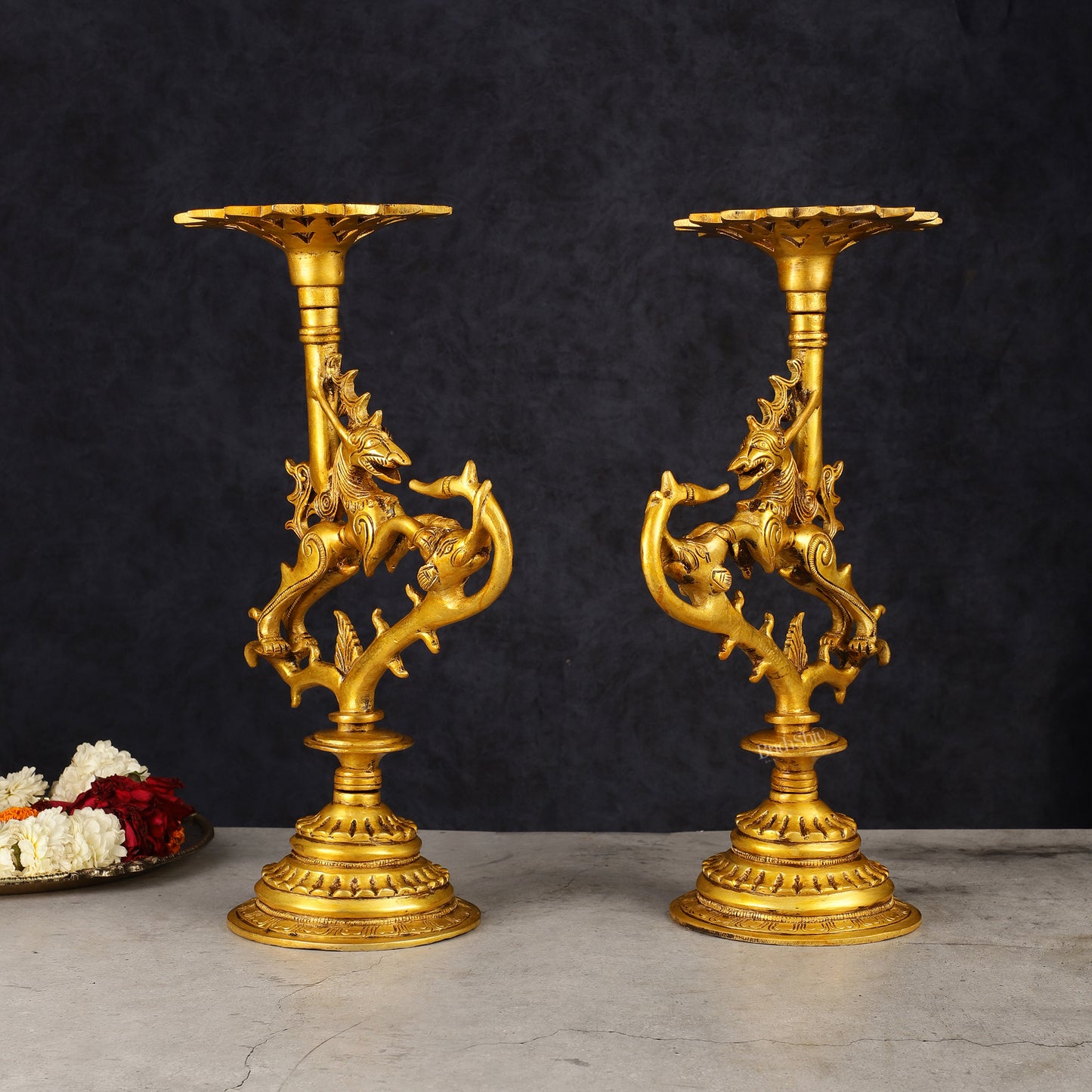 Pair of Pure Brass Yali Candle Holders 9"