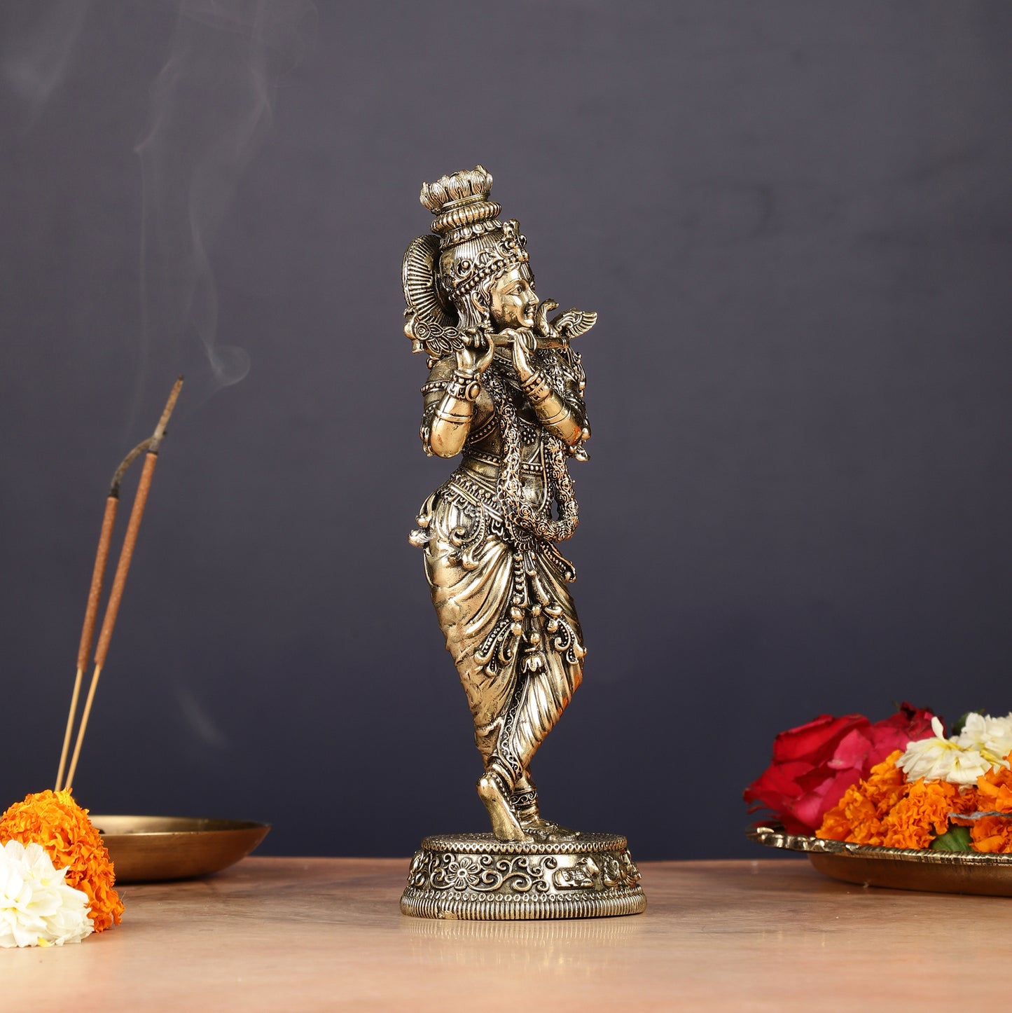 Intricate Pure Brass Lord Krishna Statue - 7.5"