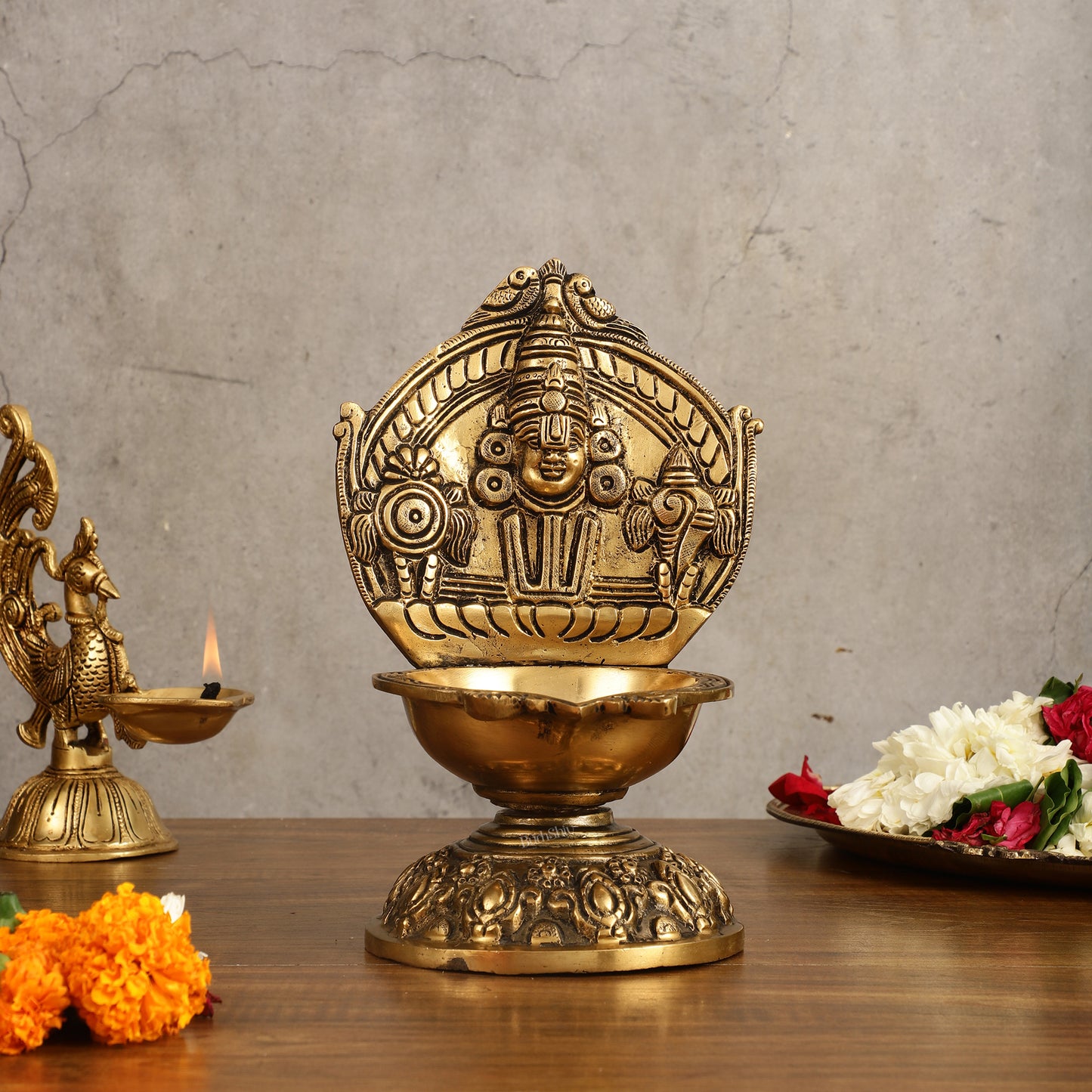 Brass tirupati balaji lamp shankh chakra 9 inch