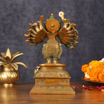 Superfine Brass Standing Lord Ganesha Idol with 16 Arms - 8.5" Antique Bronze Tone