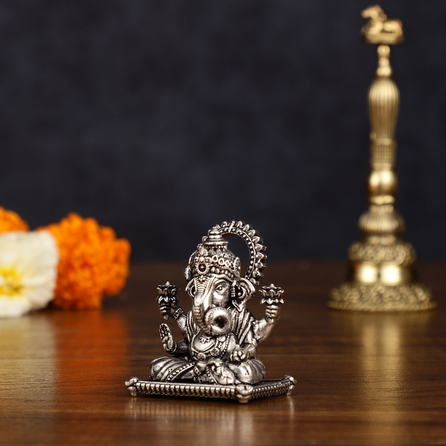 Brass silver plated Miniature Dagduseth Ganapati Idol - 2 Inch