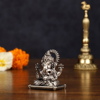 Brass silver plated Miniature Dagduseth Ganapati Idol - 2 Inch