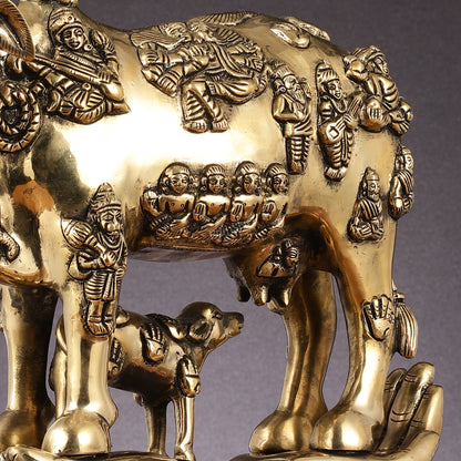 Brass Superfine Kamadhenu Cow with Calf Idol large 18" golden tone