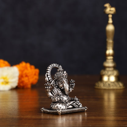 Brass silver plated Miniature Dagduseth Ganapati Idol - 2 Inch