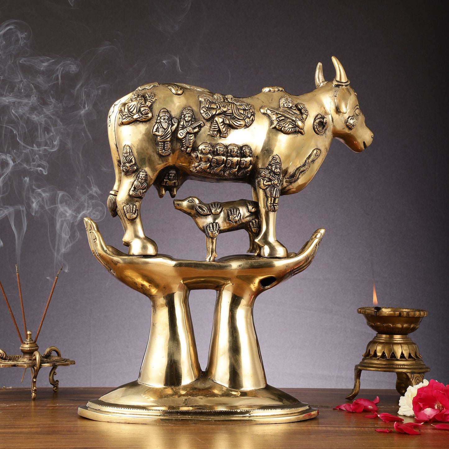 Brass Superfine Kamadhenu Cow with Calf Idol large 18" golden tone