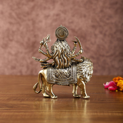 Brass Durga on Lion Idol – 6 Inches, Superfine Lightweight