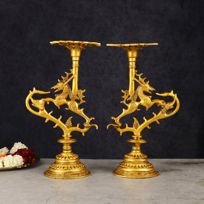 Pair of Pure Brass Yali Candle Holders 9"