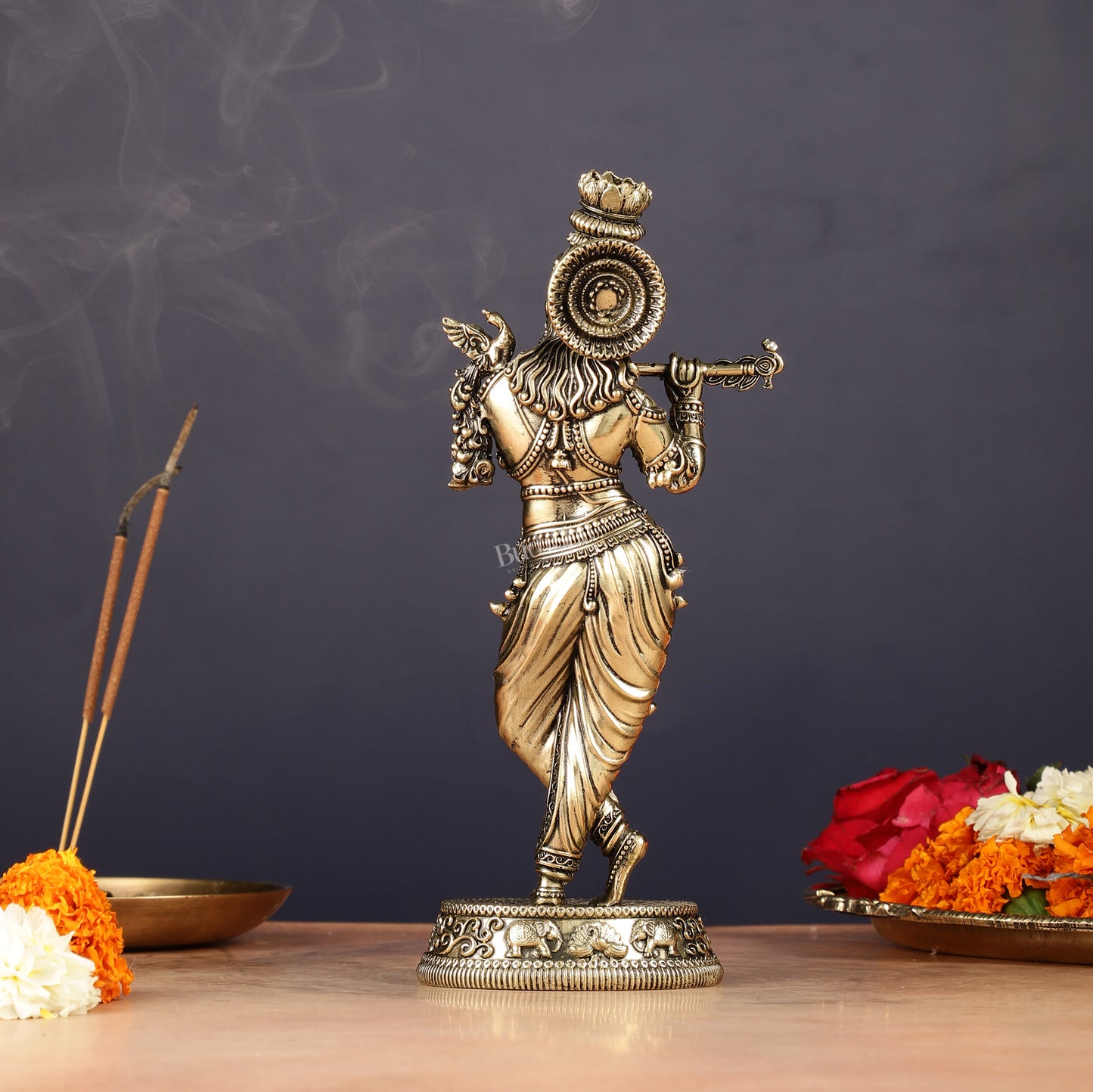 Intricate Pure Brass Lord Krishna Statue - 7.5"